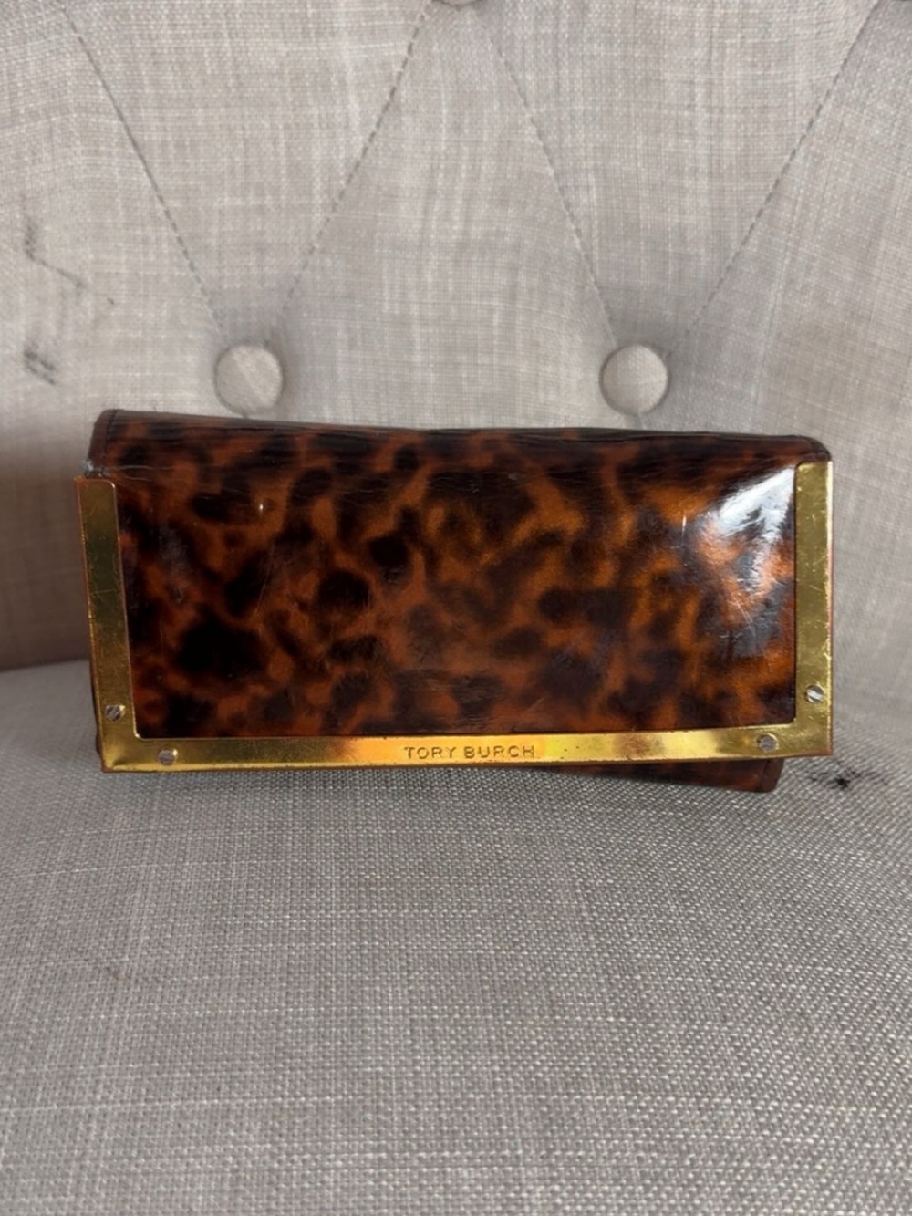 Tory Burch Brown Leopard-Print Foldover Clutch with Gold Trim